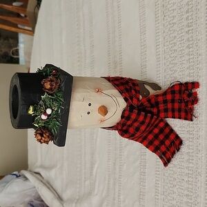 Hand Painted wooden snowman top hat candle holder plaid scarf Holiday Decoration